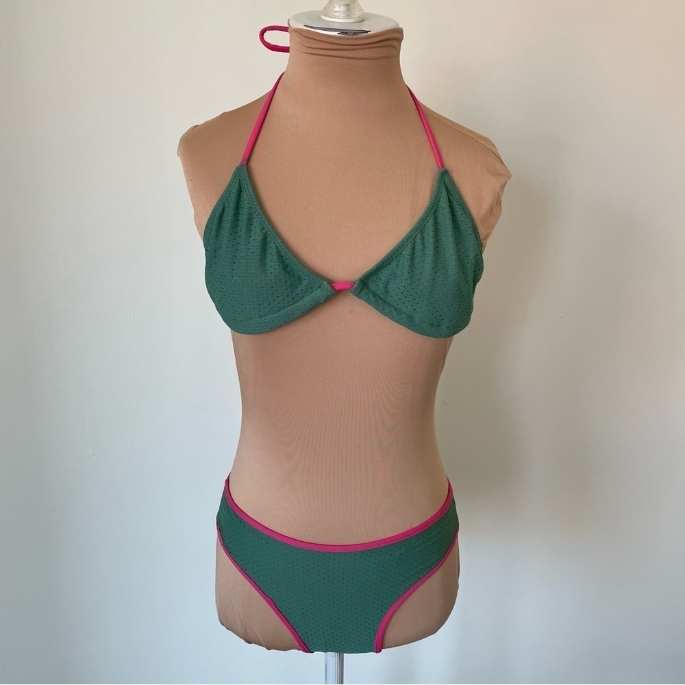 Bramasole Green Pink Nylon Mesh Lined Tie Neck Two Piece Bikini EUC Size Small